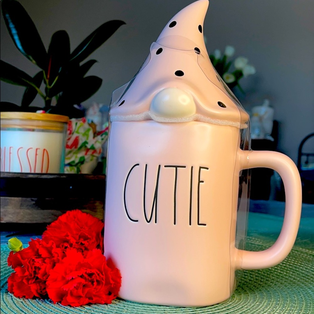 Rae Dunn Pink CUTIE mug with topper